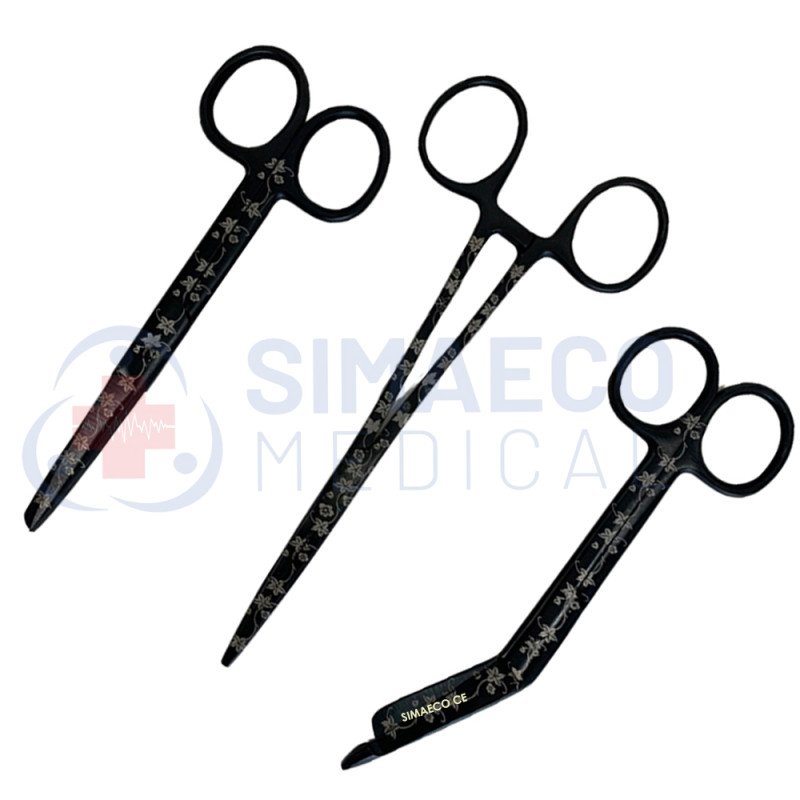 Black Floral Class Nursing Scissors Set of 3 - Bandage, Artery Forceps & Scissors Black Floral Class Nursing Scissors Set of 3 - Bandage, Artery Forceps & Scissors