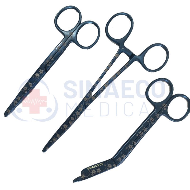 Blue Floral Charm Nursing Scissors Set of 3 - Bandage, Artery Forceps & Scissors 