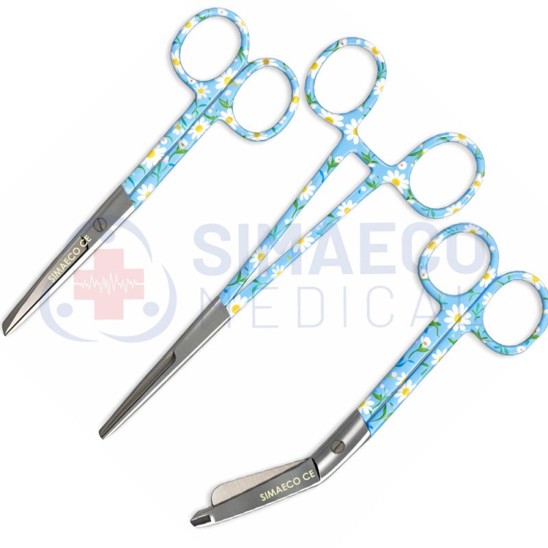Nursing Scissor Set of 3 Daisy patterned -Artery forceps 6", Nursing scissor 5", Bandage scissor 5.5" Nursing Scissor Set of 3 Daisy patterned -Artery forceps 6", Nursing scissor 5", Bandage scissor 5.5"