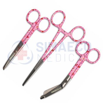 Nursing Scissor Set of 3 Pink Hearts Delight -Artery forceps 6", Nursing scissor 5", Bandage scissor 5.5"