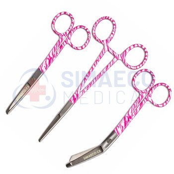 Nursing Scissor Set of 3 Pink zebra pattern -Artery forceps 6", Nursing scissor 5", Bandage scissor 5.5"