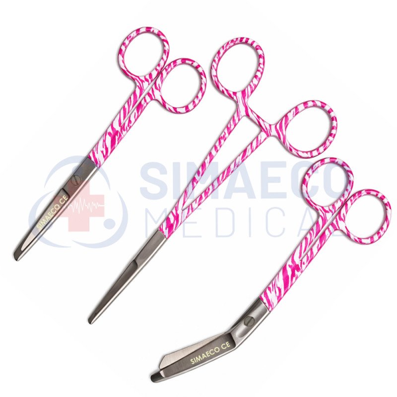 Nursing Scissor Set of 3 Pink zebra pattern -Artery forceps 6", Nursing scissor 5", Bandage scissor 5.5"