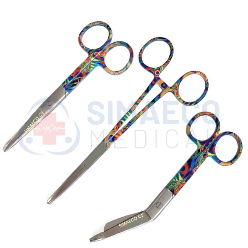 Nursing Scissor Set of 3 Psychedelic Swirl -Artery forceps 6", Nursing scissor 5", Bandage scissor 5.5"