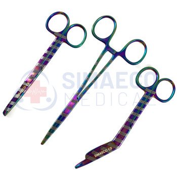 Nursing Scissor Set of 3 Rainbow Stripes-Artery forceps 6", Nursing scissor 5", Bandage scissor 5.5"