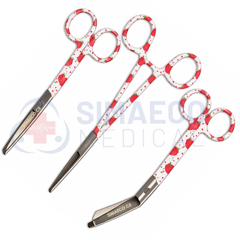 Strawberry Pattern Nursing Scissors Set of 3 - Bandage, Artery Forceps & Scissors Strawberry Pattern Nursing Scissors Set of 3 - Bandage, Artery Forceps & Scissors