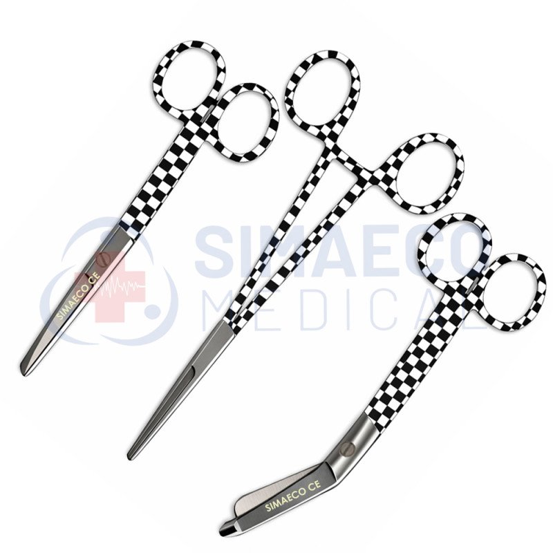 checkerboard pattern Nursing Scissors Set of 3 - Bandage, Artery Forceps & Scissors checkerboard pattern Nursing Scissors Set of 3 - Bandage, Artery Forceps & Scissors