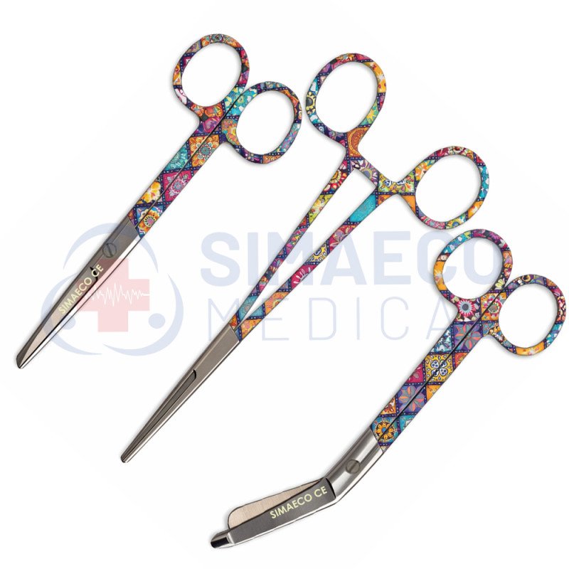 Nursing Scissor Set of 3 mandala pattern-Artery forceps 6", Nursing scissor 5", Bandage scissor 5.5"
